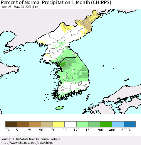 Korea Percent of Normal Precipitation 1-Month (CHIRPS) Thematic Map For 4/26/2021 - 5/25/2021