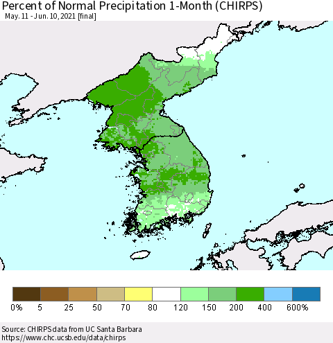 Korea Percent of Normal Precipitation 1-Month (CHIRPS) Thematic Map For 5/11/2021 - 6/10/2021
