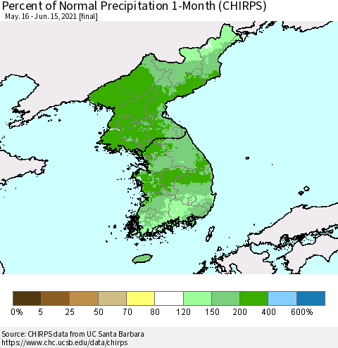 Korea Percent of Normal Precipitation 1-Month (CHIRPS) Thematic Map For 5/16/2021 - 6/15/2021
