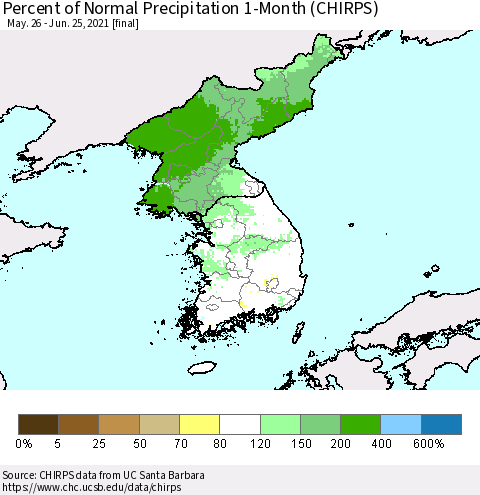 Korea Percent of Normal Precipitation 1-Month (CHIRPS) Thematic Map For 5/26/2021 - 6/25/2021