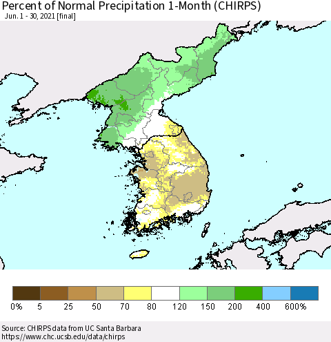 Korea Percent of Normal Precipitation 1-Month (CHIRPS) Thematic Map For 6/1/2021 - 6/30/2021