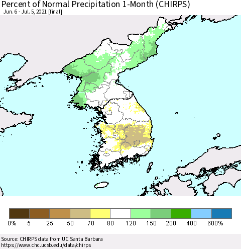 Korea Percent of Normal Precipitation 1-Month (CHIRPS) Thematic Map For 6/6/2021 - 7/5/2021