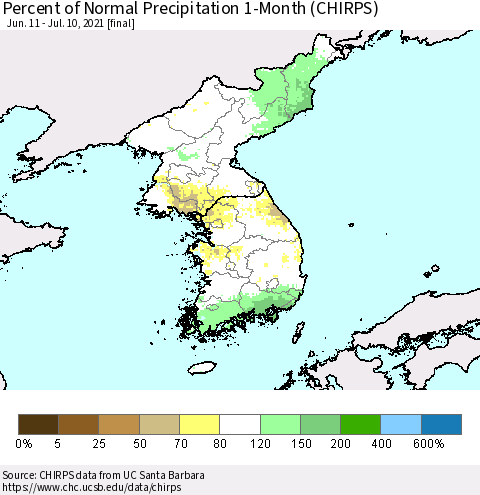 Korea Percent of Normal Precipitation 1-Month (CHIRPS) Thematic Map For 6/11/2021 - 7/10/2021