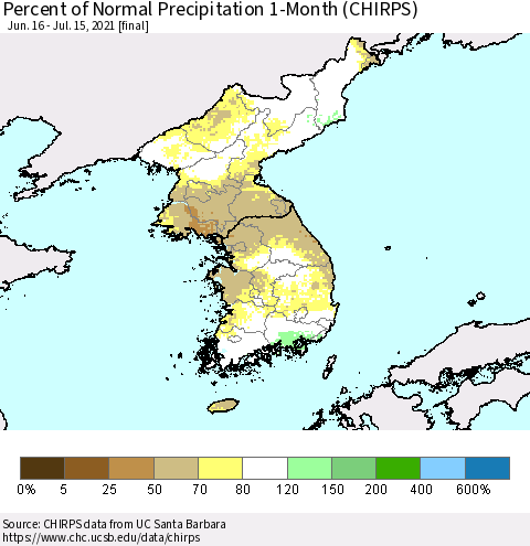 Korea Percent of Normal Precipitation 1-Month (CHIRPS) Thematic Map For 6/16/2021 - 7/15/2021
