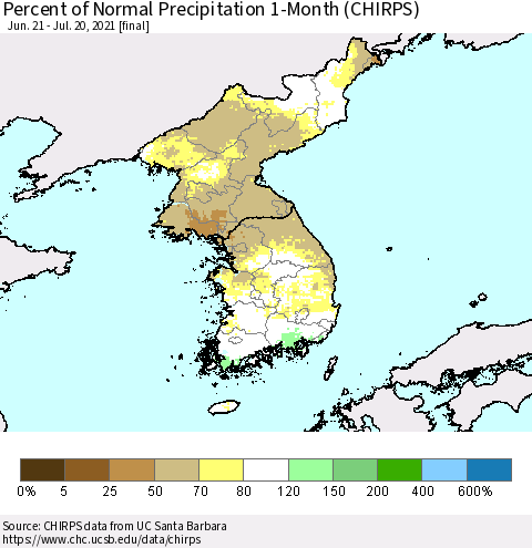 Korea Percent of Normal Precipitation 1-Month (CHIRPS) Thematic Map For 6/21/2021 - 7/20/2021