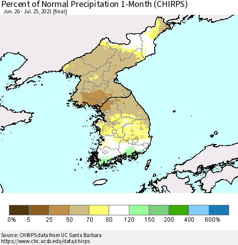 Korea Percent of Normal Precipitation 1-Month (CHIRPS) Thematic Map For 6/26/2021 - 7/25/2021