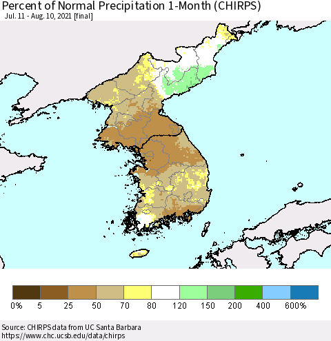 Korea Percent of Normal Precipitation 1-Month (CHIRPS) Thematic Map For 7/11/2021 - 8/10/2021