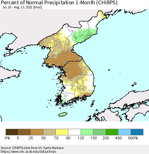 Korea Percent of Normal Precipitation 1-Month (CHIRPS) Thematic Map For 7/16/2021 - 8/15/2021