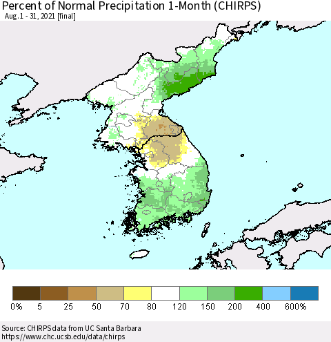 Korea Percent of Normal Precipitation 1-Month (CHIRPS) Thematic Map For 8/1/2021 - 8/31/2021