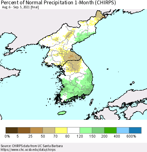 Korea Percent of Normal Precipitation 1-Month (CHIRPS) Thematic Map For 8/6/2021 - 9/5/2021