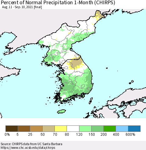 Korea Percent of Normal Precipitation 1-Month (CHIRPS) Thematic Map For 8/11/2021 - 9/10/2021