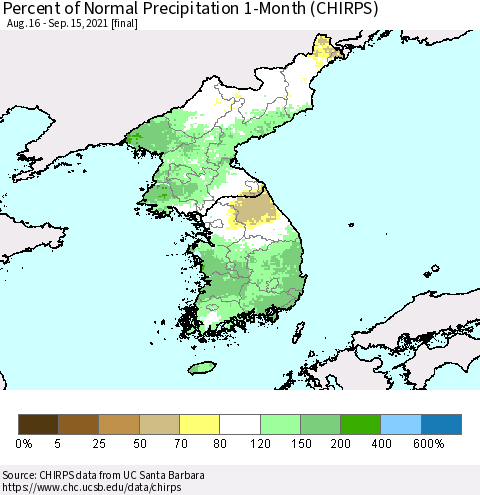 Korea Percent of Normal Precipitation 1-Month (CHIRPS) Thematic Map For 8/16/2021 - 9/15/2021