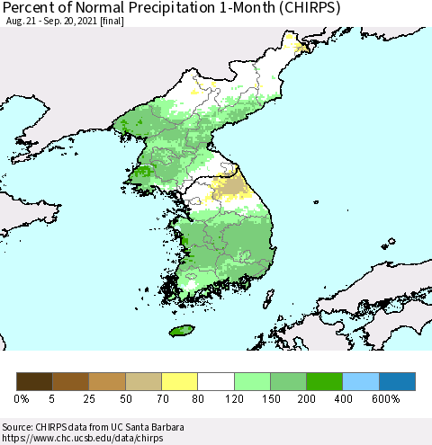 Korea Percent of Normal Precipitation 1-Month (CHIRPS) Thematic Map For 8/21/2021 - 9/20/2021