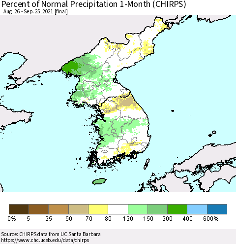Korea Percent of Normal Precipitation 1-Month (CHIRPS) Thematic Map For 8/26/2021 - 9/25/2021
