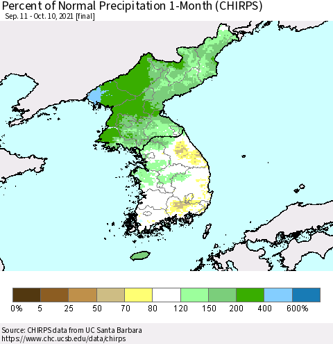Korea Percent of Normal Precipitation 1-Month (CHIRPS) Thematic Map For 9/11/2021 - 10/10/2021