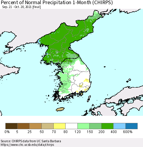 Korea Percent of Normal Precipitation 1-Month (CHIRPS) Thematic Map For 9/21/2021 - 10/20/2021