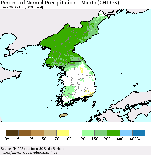 Korea Percent of Normal Precipitation 1-Month (CHIRPS) Thematic Map For 9/26/2021 - 10/25/2021