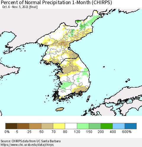 Korea Percent of Normal Precipitation 1-Month (CHIRPS) Thematic Map For 10/6/2021 - 11/5/2021