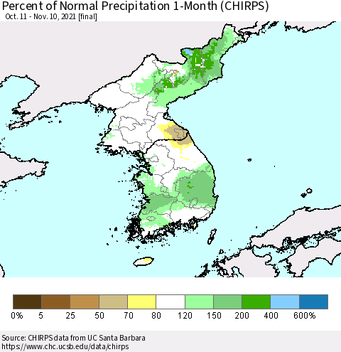 Korea Percent of Normal Precipitation 1-Month (CHIRPS) Thematic Map For 10/11/2021 - 11/10/2021