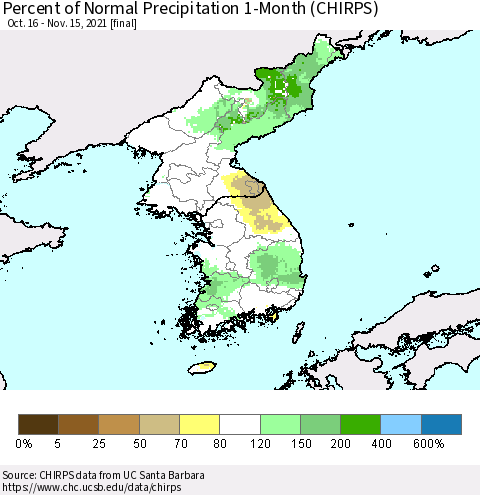 Korea Percent of Normal Precipitation 1-Month (CHIRPS) Thematic Map For 10/16/2021 - 11/15/2021
