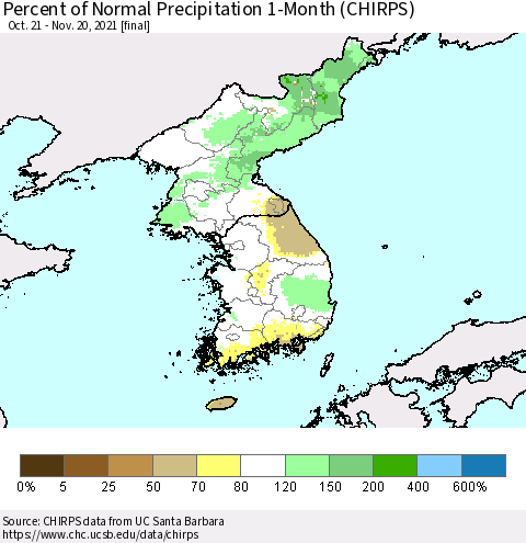 Korea Percent of Normal Precipitation 1-Month (CHIRPS) Thematic Map For 10/21/2021 - 11/20/2021