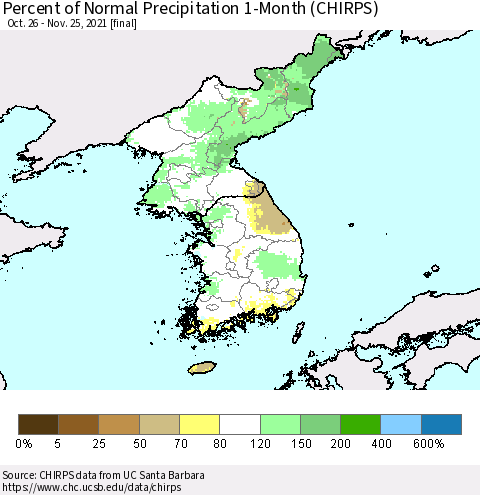 Korea Percent of Normal Precipitation 1-Month (CHIRPS) Thematic Map For 10/26/2021 - 11/25/2021