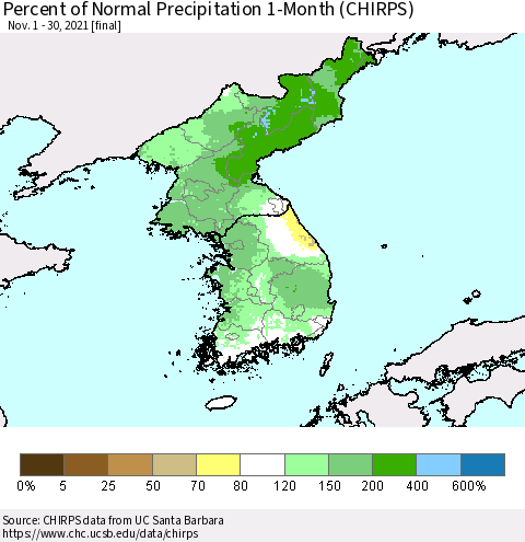 Korea Percent of Normal Precipitation 1-Month (CHIRPS) Thematic Map For 11/1/2021 - 11/30/2021