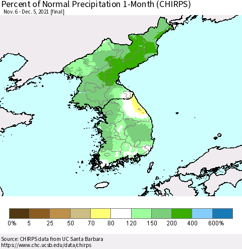 Korea Percent of Normal Precipitation 1-Month (CHIRPS) Thematic Map For 11/6/2021 - 12/5/2021