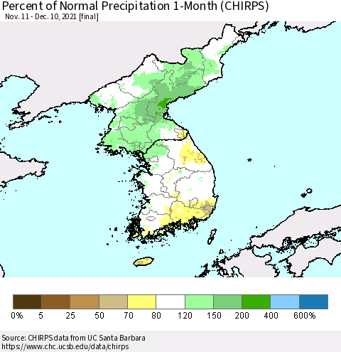 Korea Percent of Normal Precipitation 1-Month (CHIRPS) Thematic Map For 11/11/2021 - 12/10/2021