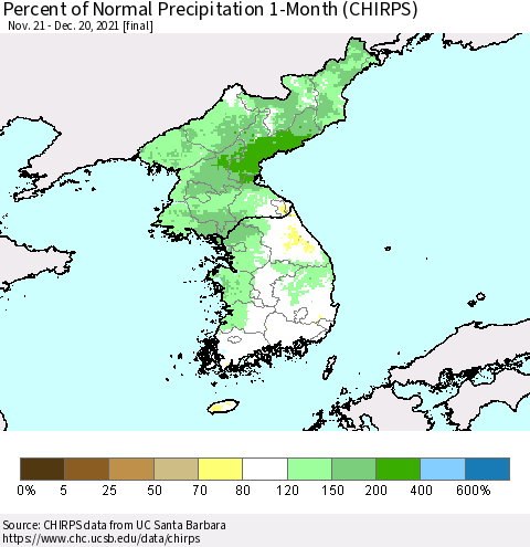 Korea Percent of Normal Precipitation 1-Month (CHIRPS) Thematic Map For 11/21/2021 - 12/20/2021