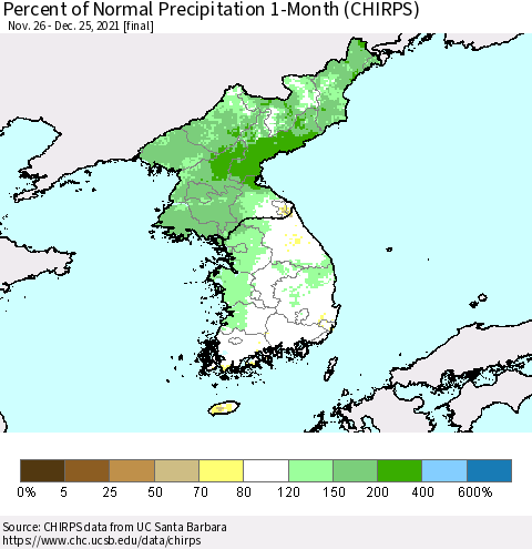 Korea Percent of Normal Precipitation 1-Month (CHIRPS) Thematic Map For 11/26/2021 - 12/25/2021