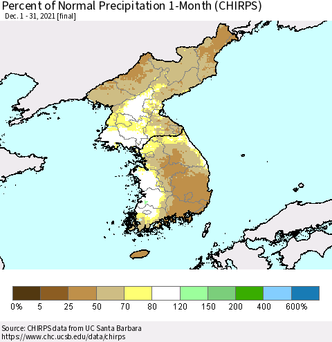 Korea Percent of Normal Precipitation 1-Month (CHIRPS) Thematic Map For 12/1/2021 - 12/31/2021