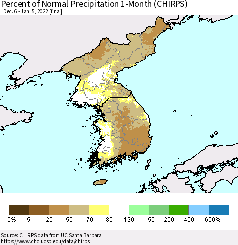 Korea Percent of Normal Precipitation 1-Month (CHIRPS) Thematic Map For 12/6/2021 - 1/5/2022