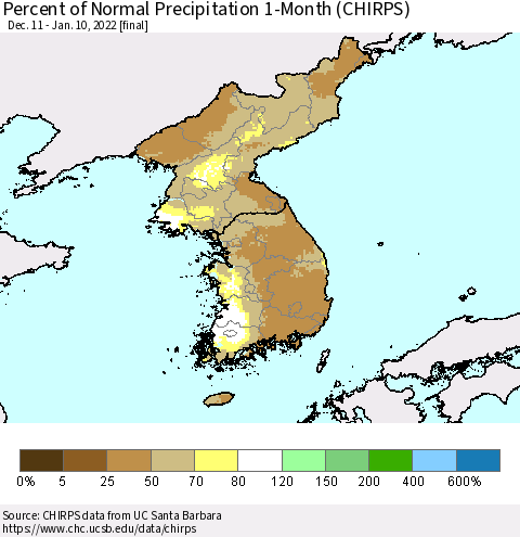 Korea Percent of Normal Precipitation 1-Month (CHIRPS) Thematic Map For 12/11/2021 - 1/10/2022