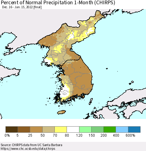Korea Percent of Normal Precipitation 1-Month (CHIRPS) Thematic Map For 12/16/2021 - 1/15/2022