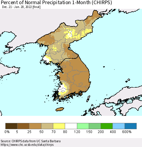 Korea Percent of Normal Precipitation 1-Month (CHIRPS) Thematic Map For 12/21/2021 - 1/20/2022