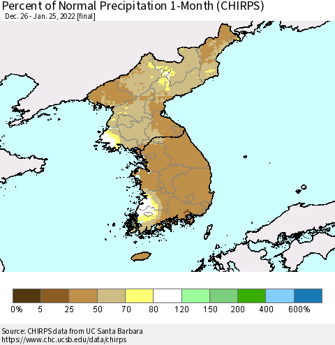 Korea Percent of Normal Precipitation 1-Month (CHIRPS) Thematic Map For 12/26/2021 - 1/25/2022