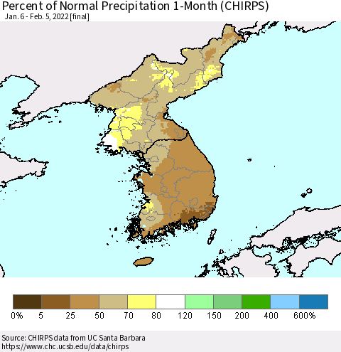Korea Percent of Normal Precipitation 1-Month (CHIRPS) Thematic Map For 1/6/2022 - 2/5/2022