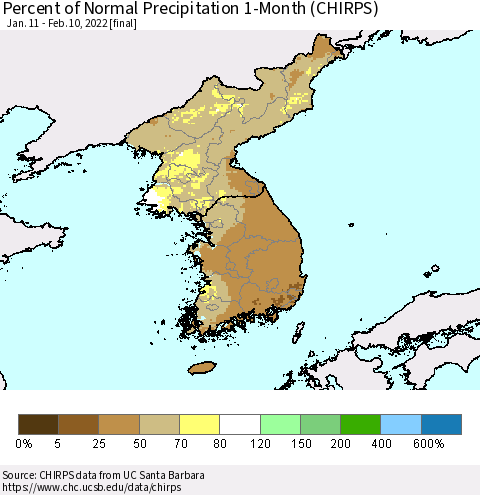 Korea Percent of Normal Precipitation 1-Month (CHIRPS) Thematic Map For 1/11/2022 - 2/10/2022