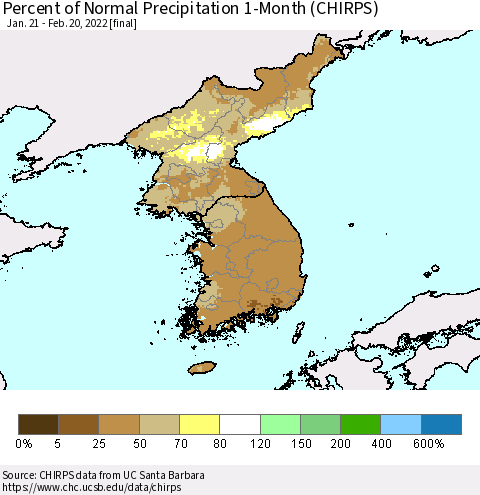 Korea Percent of Normal Precipitation 1-Month (CHIRPS) Thematic Map For 1/21/2022 - 2/20/2022