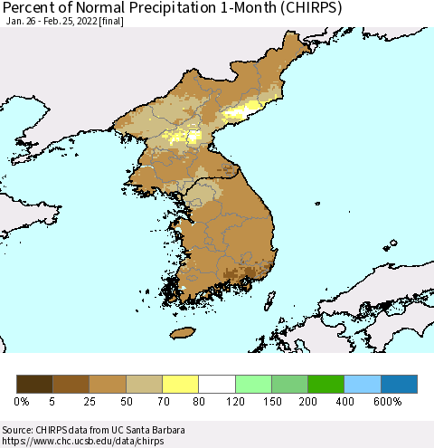 Korea Percent of Normal Precipitation 1-Month (CHIRPS) Thematic Map For 1/26/2022 - 2/25/2022