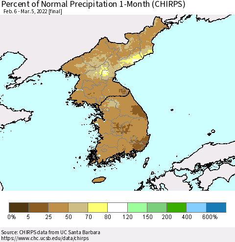 Korea Percent of Normal Precipitation 1-Month (CHIRPS) Thematic Map For 2/6/2022 - 3/5/2022