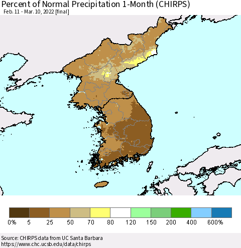 Korea Percent of Normal Precipitation 1-Month (CHIRPS) Thematic Map For 2/11/2022 - 3/10/2022