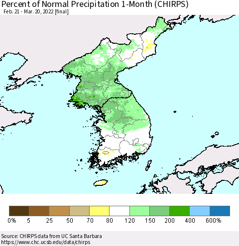 Korea Percent of Normal Precipitation 1-Month (CHIRPS) Thematic Map For 2/21/2022 - 3/20/2022