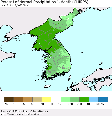 Korea Percent of Normal Precipitation 1-Month (CHIRPS) Thematic Map For 3/6/2022 - 4/5/2022
