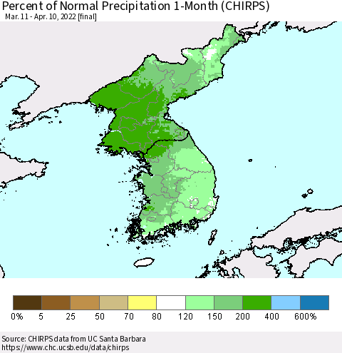 Korea Percent of Normal Precipitation 1-Month (CHIRPS) Thematic Map For 3/11/2022 - 4/10/2022