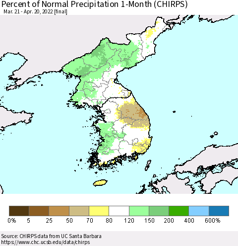 Korea Percent of Normal Precipitation 1-Month (CHIRPS) Thematic Map For 3/21/2022 - 4/20/2022