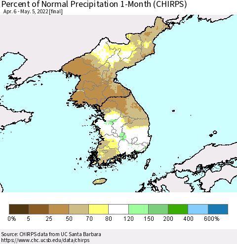 Korea Percent of Normal Precipitation 1-Month (CHIRPS) Thematic Map For 4/6/2022 - 5/5/2022