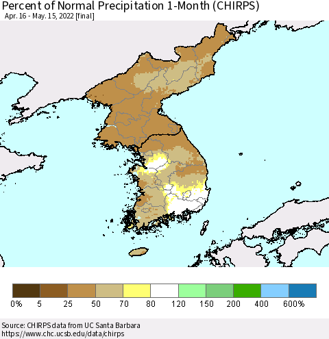 Korea Percent of Normal Precipitation 1-Month (CHIRPS) Thematic Map For 4/16/2022 - 5/15/2022