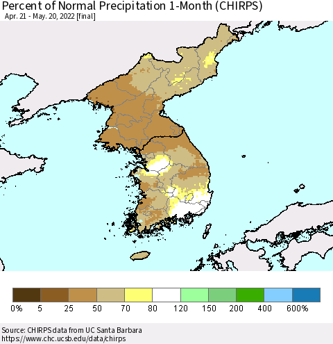 Korea Percent of Normal Precipitation 1-Month (CHIRPS) Thematic Map For 4/21/2022 - 5/20/2022